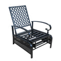 A black outdoor reclining chair with a lattice - patterned backrest and curved armrests. The chair features a slatted seat design and a perforated metal base, providing a sturdy and stylish seating option for outdoor spaces. Black Outdoor Lattice - Back Reclining Chair. outdoor reclining chair, black patio chair, lattice - patterned backrest, curved armrests, perforated base.