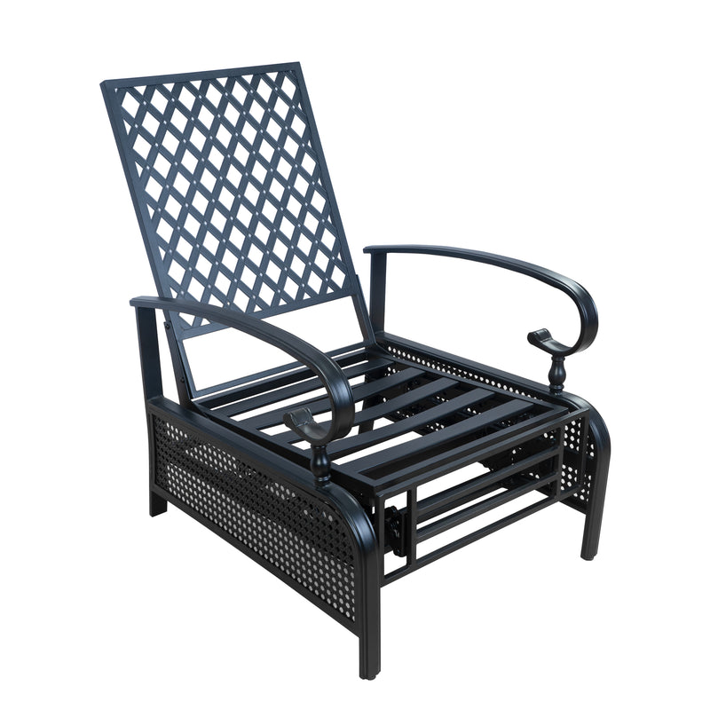 A black outdoor reclining chair with a lattice - patterned backrest and curved armrests. The chair features a slatted seat design and a perforated metal base, providing a sturdy and stylish seating option for outdoor spaces. Black Outdoor Lattice - Back Reclining Chair. outdoor reclining chair, black patio chair, lattice - patterned backrest, curved armrests, perforated base.