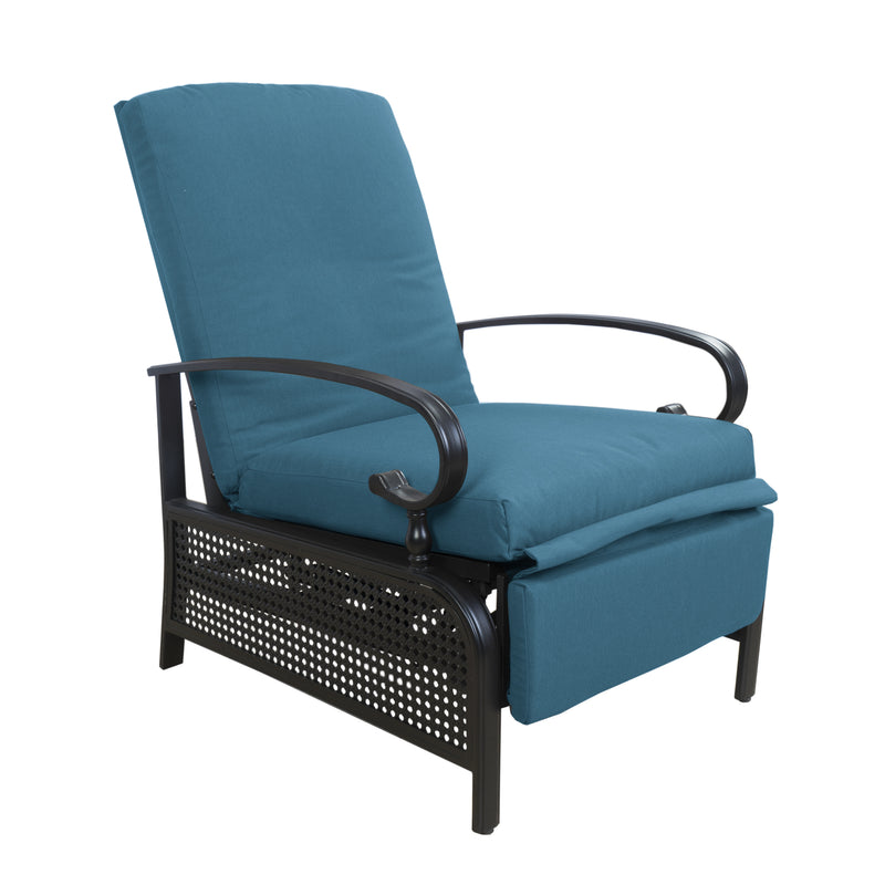 A blue-colored outdoor reclining chair with cushioned seating and backrest. The chair features dark-colored armrests and legs, providing a comfortable and stylish seating option for outdoor spaces.
Blue Outdoor Reclining Chair for Comfortable Relaxation.
blue outdoor reclining chair, cushioned seating, dark armrests, patio furniture, outdoor comfort