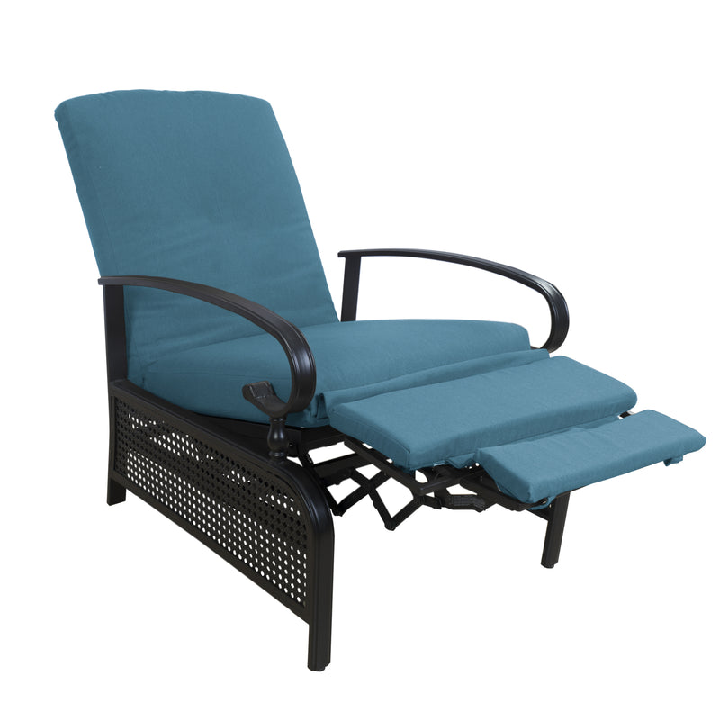 A blue-colored outdoor reclining chair with cushioned seating and armrests. The chair features a black metal frame with perforated details, and it has an extendable footrest for enhanced comfort.
Blue Outdoor Reclining Chair with Extendable Footrest.
blue outdoor reclining chair, extendable footrest, cushioned seating, black metal frame