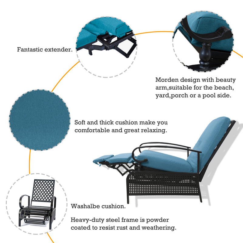 An infographic showcasing a blue-colored outdoor reclining chair. It highlights features such as a fantastic extender, modern design with stylish armrests, soft and thick washable cushions for comfort, and a heavy-duty powder-coated steel frame for rust and weather resistance. Ideal for beach, yard, porch, or poolside use.
Blue Outdoor Reclining Chair: Comfort and Durability Features.
blue outdoor reclining chair, washable cushions, heavy-duty steel frame, outdoor relaxation, rust-resistant


