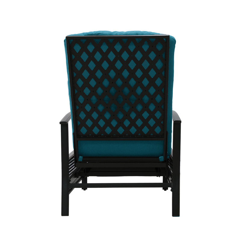 A blue-cushioned outdoor reclining chair viewed from the back. The chair features a black lattice-patterned metal frame, providing both style and support. The cushioning appears plush, ensuring comfort for outdoor relaxation.
Blue-Cushioned Outdoor Reclining Chair with Lattice Back.
blue-cushioned outdoor chair, lattice-patterned frame, outdoor reclining chair, outdoor relaxation