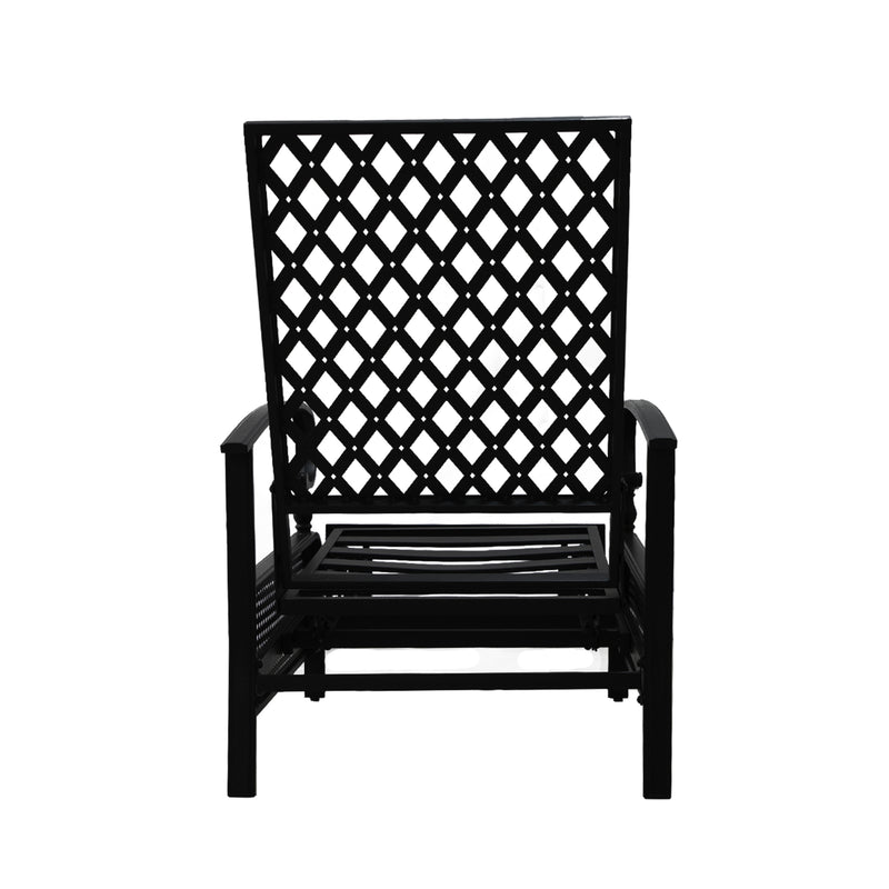 A black outdoor reclining chair with a lattice - patterned backrest and a slatted seat. The chair is designed for outdoor use, featuring a sturdy frame and a classic, airy design. Black Outdoor Lattice - Back Reclining Chair. outdoor reclining chair, black patio chair, lattice - patterned backrest, slatted seat