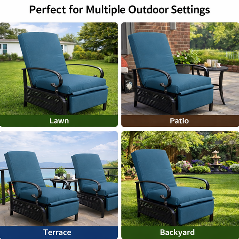 Kozyard versatile outdoor recliner chair, suitable for lawn, patio, terrace and backyard settings, adjustable design with thick cushions, durable metal frame with lattice detail
