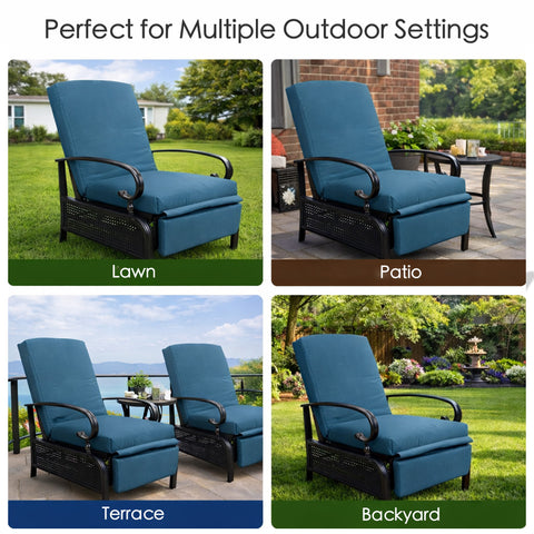 Kozyard versatile outdoor recliner chair, suitable for lawn, patio, terrace and backyard settings, adjustable design with thick cushions, durable metal frame with lattice detail
