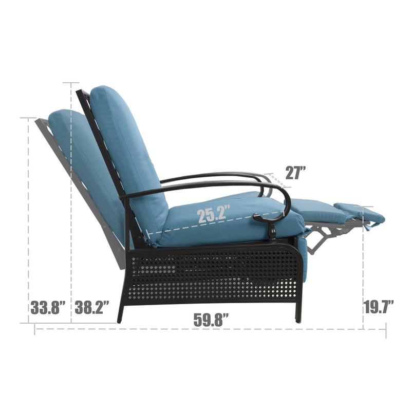 A technical diagram of a blue-colored outdoor reclining chair with key dimensions labeled. The chair features cushioned seating and armrests, a black metal frame with perforated details, and an extendable footrest. Dimensions such as 33.8", 38.2", 59.8", 25.2", 27", and 19.7" are marked, indicating various parts of the chair's structure.
Blue Outdoor Reclining Chair: Dimension Diagram.
blue outdoor reclining chair, chair dimensions, cushioned seating, black metal frame, extendable footrest