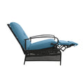 A blue-cushioned outdoor reclining chair with a black metal frame. The chair features curved armrests and an extendable footrest, designed for comfort and relaxation in outdoor settings.
Blue-Cushioned Outdoor Reclining Chair for Relaxation.
blue outdoor reclining chair, black metal frame, extendable footrest, outdoor relaxation