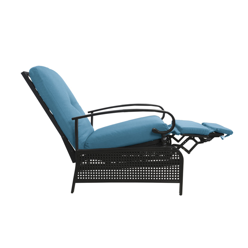 A blue-cushioned outdoor reclining chair with a black metal frame. The chair features curved armrests and an extendable footrest, designed for comfort and relaxation in outdoor settings.
Blue-Cushioned Outdoor Reclining Chair for Relaxation.
blue outdoor reclining chair, black metal frame, extendable footrest, outdoor relaxation