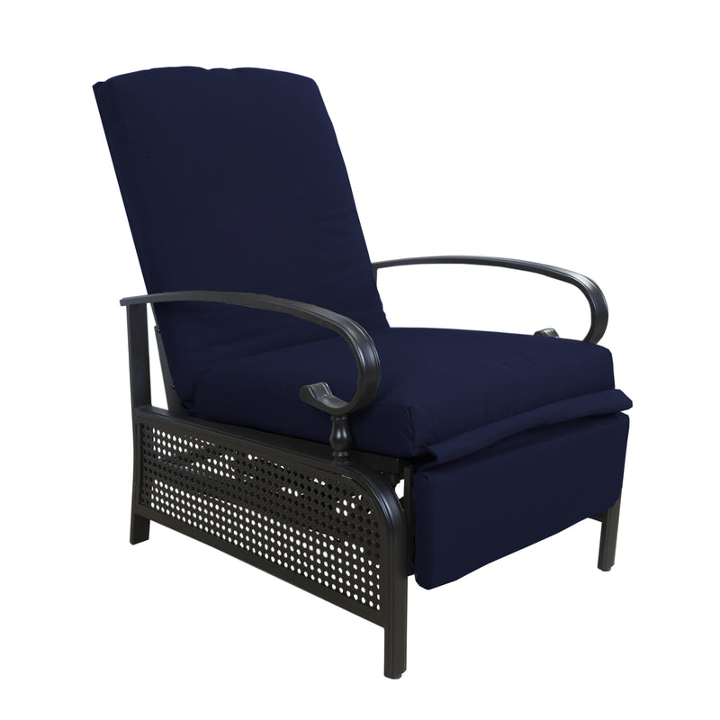 A navy blue-colored outdoor reclining chair with cushioned seating and backrest. The chair features dark-colored armrests and legs, providing a comfortable and stylish seating option for outdoor spaces.
Navy Blue Outdoor Reclining Chair for Comfortable Relaxation.
navy blue outdoor reclining chair, cushioned seating, dark armrests, outdoor chair, patio furniture, relaxation

