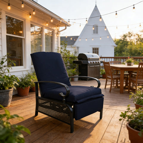 Kozyard outdoor recliner chair, adjustable patio lounge with thick cushions, durable metal frame with lattice design, ideal for backyard and deck relaxation
