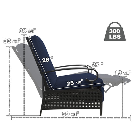 Kozyard adjustable outdoor recliner chair, dimension diagram showing 59 7/8" length, 33 5/8" height, supports up to 300 lbs, durable metal frame with replaceable cushions
