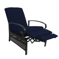 A navy blue-colored outdoor reclining chair with cushioned seating and armrests. The chair features a black metal frame with perforated details, and it has an extendable footrest for enhanced comfort.
Navy Blue Outdoor Reclining Chair with Extendable Footrest.
navy blue outdoor reclining chair, extendable footrest, cushioned seating, black metal frame