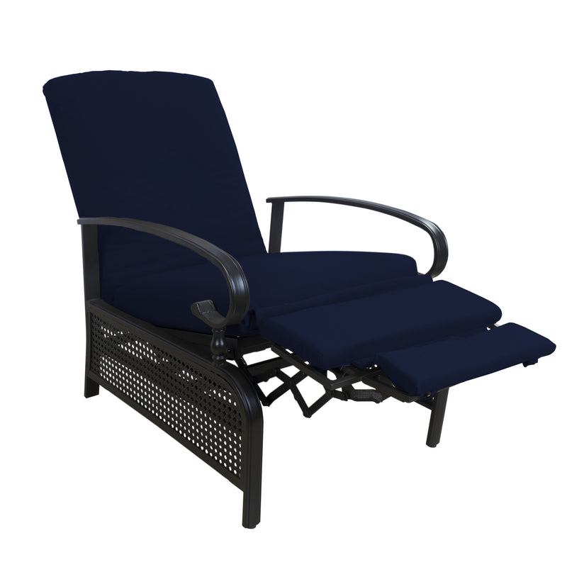 A navy blue-colored outdoor reclining chair with cushioned seating and armrests. The chair features a black metal frame with perforated details, and it has an extendable footrest for enhanced comfort.
Navy Blue Outdoor Reclining Chair with Extendable Footrest.
navy blue outdoor reclining chair, extendable footrest, cushioned seating, black metal frame