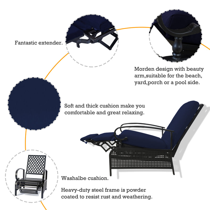 An infographic showcasing a navy blue-colored outdoor reclining chair. It highlights features such as a fantastic extender, modern design with stylish armrests, soft and thick washable cushions for comfort, and a heavy-duty powder-coated steel frame for rust and weather resistance. Ideal for beach, yard, porch, or poolside use.
Navy Blue Outdoor Reclining Chair: Comfort and Durability Features.
navy blue outdoor reclining chair, washable cushions, heavy-duty steel frame, outdoor relaxation, rust-resistant

