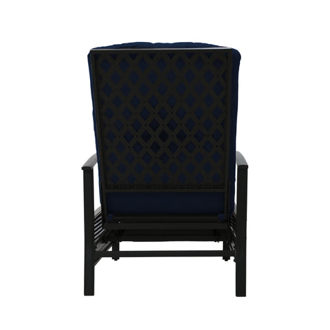 A navy blue-cushioned outdoor reclining chair viewed from the back. The chair features a black lattice-patterned metal frame, providing both style and support. The cushioning appears plush, ensuring comfort for outdoor relaxation.
Navy Blue-Cushioned Outdoor Reclining Chair with Lattice Back.
navy blue-cushioned outdoor chair, lattice-patterned frame, outdoor reclining chair, outdoor relaxation

