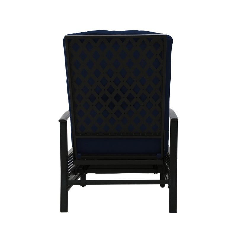 A navy blue-cushioned outdoor reclining chair viewed from the back. The chair features a black lattice-patterned metal frame, providing both style and support. The cushioning appears plush, ensuring comfort for outdoor relaxation.
Navy Blue-Cushioned Outdoor Reclining Chair with Lattice Back.
navy blue-cushioned outdoor chair, lattice-patterned frame, outdoor reclining chair, outdoor relaxation

