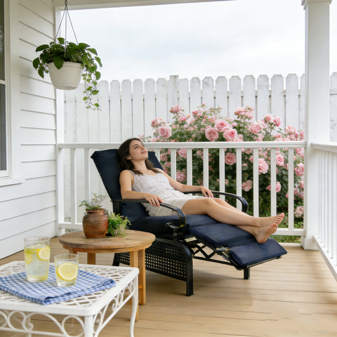 Kozyard adjustable outdoor recliner chair, fully extended lounge position for maximum relaxation, thick high-resilience cushions, durable metal frame, perfect for patio and deck use
