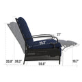 A technical diagram of a navy blue-colored outdoor reclining chair with key dimensions labeled. The chair features cushioned seating and armrests, a black metal frame with perforated details, and an extendable footrest. Dimensions such as 33.8", 38.2", 59.8", 25.2", 27", and 19.7" are marked, indicating various parts of the chair's structure.
Navy Blue Outdoor Reclining Chair: Dimension Diagram.
navy blue outdoor reclining chair, chair dimensions, cushioned seating, black metal frame, extendable footrest