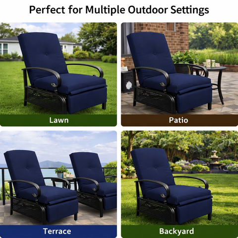 Kozyard versatile outdoor recliner chair, suitable for lawn, patio, terrace and backyard settings, adjustable design with thick cushions, durable metal frame with lattice detail
