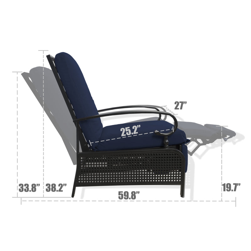 A technical diagram of a navy blue-colored outdoor reclining chair with key dimensions labeled. The chair features cushioned seating and armrests, a black metal frame with perforated details, and an extendable footrest. Dimensions such as 33.8", 38.2", 59.8", 25.2", 27", and 19.7" are marked, indicating various parts of the chair's structure.
Navy Blue Outdoor Reclining Chair: Dimension Diagram.
navy blue outdoor reclining chair, chair dimensions, cushioned seating, black metal frame, extendable footrest