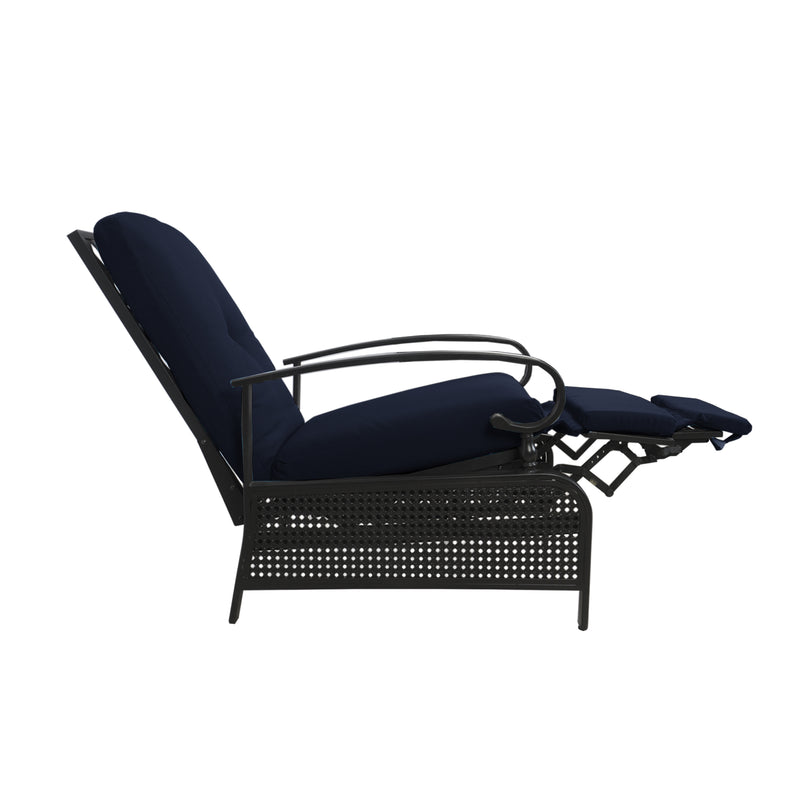A navy blue-cushioned outdoor reclining chair with a black metal frame. The chair features curved armrests and an extendable footrest, designed for comfort and relaxation in outdoor settings.
Navy Blue-Cushioned Outdoor Reclining Chair for Relaxation.
navy blue outdoor reclining chair, black metal frame, extendable footrest, outdoor relaxation