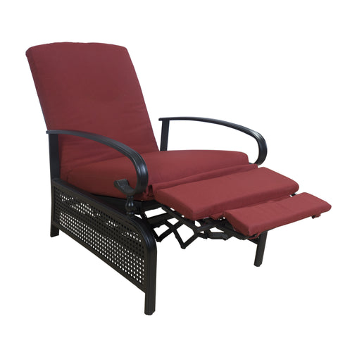 A red-colored outdoor reclining chair with cushioned seating and armrests. The chair features a black metal frame with perforated details, and it has an extendable footrest for enhanced comfort.
Red Outdoor Reclining Chair with Extendable Footrest.
red outdoor reclining chair, extendable footrest, cushioned seating, black metal frame