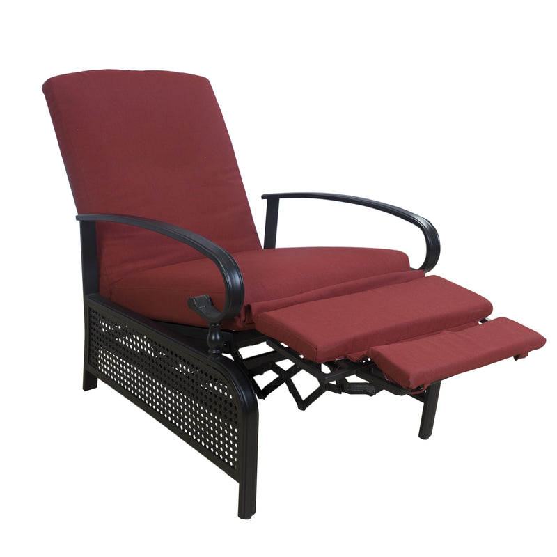 A red-colored outdoor reclining chair with cushioned seating and armrests. The chair features a black metal frame with perforated details, and it has an extendable footrest for enhanced comfort.
Red Outdoor Reclining Chair with Extendable Footrest.
red outdoor reclining chair, extendable footrest, cushioned seating, black metal frame