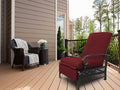 A red-colored outdoor lounge chair with cushioned seating and armrests sits on a wooden deck. Adjacent to it is a wicker chair adorned with a striped throw blanket and a small wicker side table holding a vase of white flowers. The setting includes a house with siding, a railing, and a backdrop of trees.
Red Outdoor Lounge Chair for Relaxing on the Deck.
red outdoor lounge chair, deck furniture, outdoor relaxation, cushioned seating