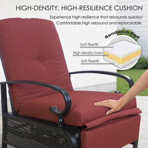 Kozyard outdoor recliner with high-density high-resilience cushion, sandwich pad design with soft fiberfill and foam, quick rebound, comfortable and replaceable, durable metal frame
