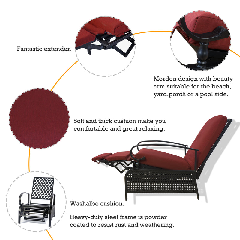 An infographic showcasing a red-colored outdoor reclining chair. It highlights features such as a fantastic extender, modern design with stylish armrests, soft and thick washable cushions for comfort, and a heavy-duty powder-coated steel frame for rust and weather resistance. Ideal for beach, yard, porch, or poolside use.
Red Outdoor Reclining Chair: Comfort and Durability Features.
red outdoor reclining chair, washable cushions, heavy-duty steel frame, outdoor relaxation, rust-resistant

