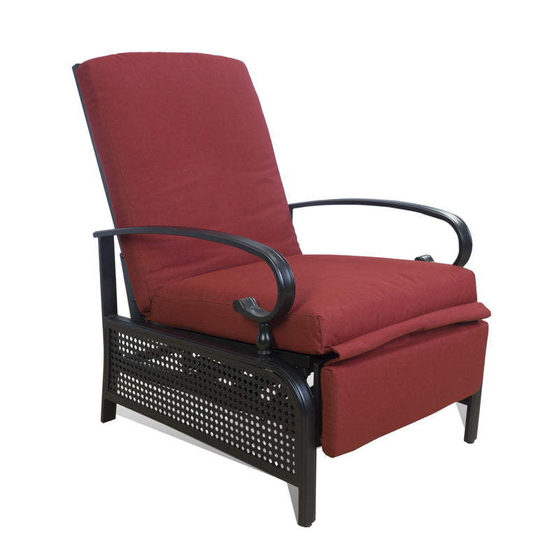 A red-colored outdoor reclining chair with cushioned seating and backrest. The chair features dark-colored armrests and legs, providing a comfortable and stylish seating option for outdoor spaces.
Red Outdoor Reclining Chair for Comfortable Relaxation.
red outdoor reclining chair, cushioned seating, dark armrests, patio furniture, outdoor comfort