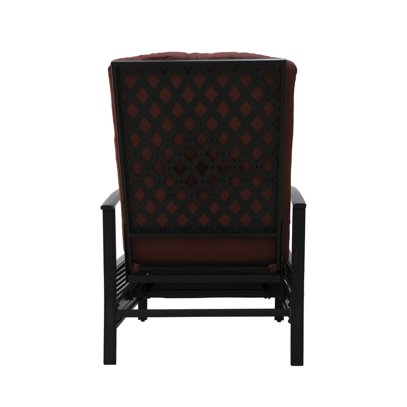 A red-cushioned outdoor reclining chair viewed from the back. The chair features a black lattice-patterned metal frame, providing both style and support. The cushioning appears plush, ensuring comfort for outdoor relaxation.
Red-Cushioned Outdoor Reclining Chair with Lattice Back.
red-cushioned outdoor chair, lattice-patterned frame, outdoor reclining chair, outdoor relaxation

