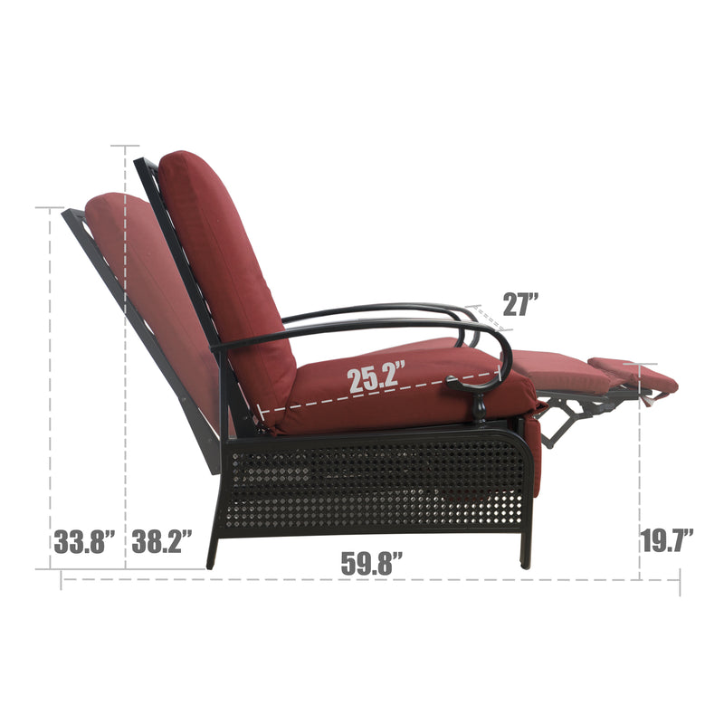 A technical diagram of a red-colored outdoor reclining chair with key dimensions labeled. The chair features cushioned seating and armrests, a black metal frame with perforated details, and an extendable footrest. Dimensions such as 33.8", 38.2", 59.8", 25.2", 27", and 19.7" are marked, indicating various parts of the chair's structure.
Red Outdoor Reclining Chair: Dimension Diagram.
red outdoor reclining chair, chair dimensions, cushioned seating, black metal frame, extendable footrest