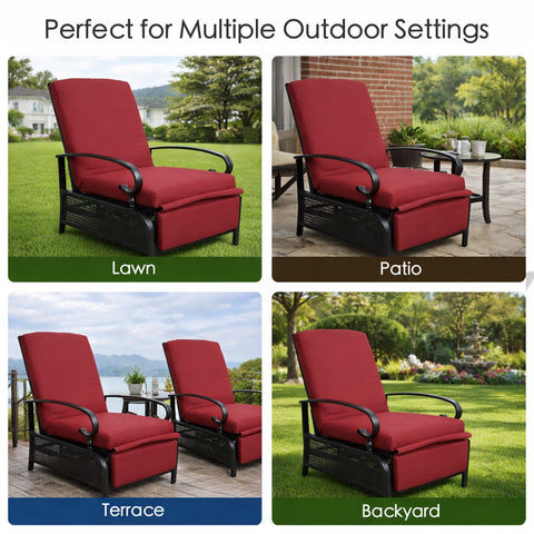 Kozyard versatile outdoor recliner chair, suitable for lawn, patio, terrace and backyard settings, adjustable design with thick cushions, durable metal frame with lattice detail

