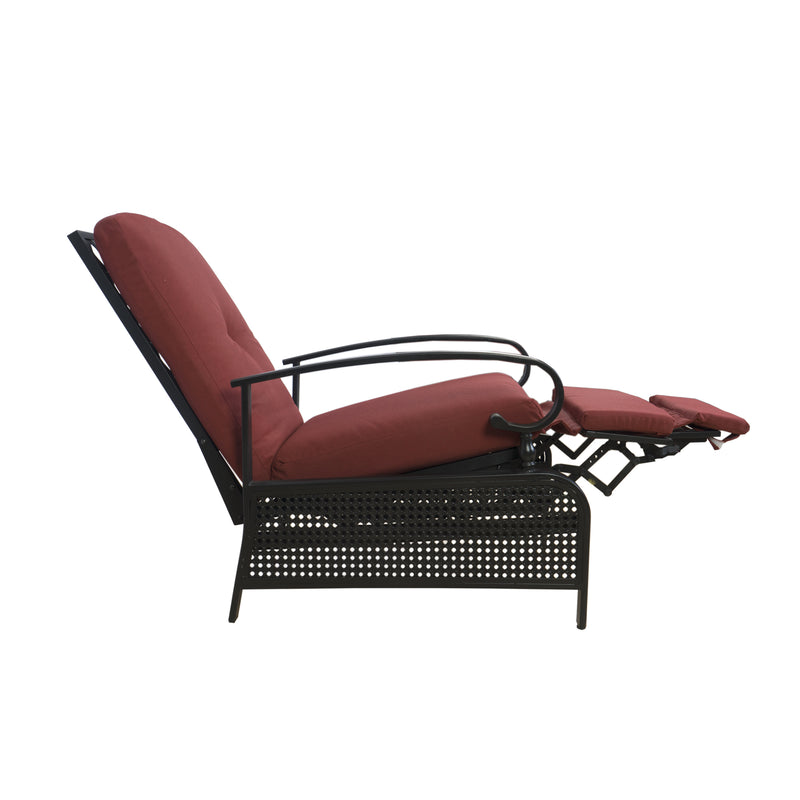 A red-cushioned outdoor reclining chair with a black metal frame. The chair features curved armrests and an extendable footrest, designed for comfort and relaxation in outdoor settings.
Red-Cushioned Outdoor Reclining Chair for Relaxation.
red outdoor reclining chair, black metal frame, extendable footrest, outdoor relaxation