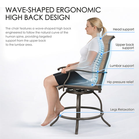 Kozyard ergonomic wave-shaped high-back patio bar stool, swivel counter height chair with targeted spine support, breathable textilene fabric & sturdy metal construction, designed for lumbar and upper back comfort
