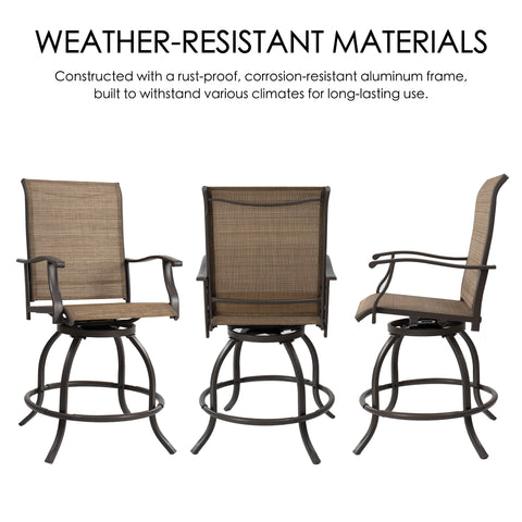 Kozyard outdoor swivel bar chair three-angle view with rust-resistant metal frame and mesh seat for patio seating