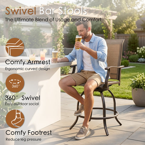 kozyard Swivel Bar Stools, Outdoor Patio Chairs with 360° Swivel, Ergonomic Curved Armrest & Comfy Footrest, Textilene Fabric & Wrought Iron Frame
