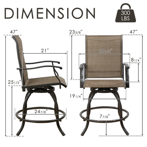Kozyard outdoor swivel bar chair dimension chart with breathable textilene seat, steel frame, and ergonomic armrests for patio dining