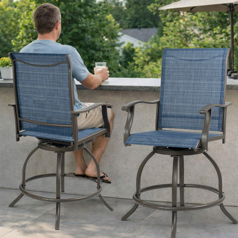 Kozyard outdoor swivel bar stools, patio counter height chairs with armrests, ergonomic high-back design, durable textilene fabric & heavy-duty metal frame, ideal for backyard bar and poolside seating

