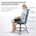 Kozyard ergonomic wave-shaped high-back patio bar stool, swivel counter height chair with targeted spine support, breathable textilene fabric & sturdy metal construction, designed for lumbar and upper back comfort
