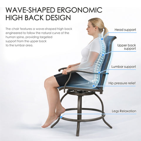 Kozyard ergonomic wave-shaped high-back patio bar stool, swivel counter height chair with targeted spine support, breathable textilene fabric & sturdy metal construction, designed for lumbar and upper back comfort
