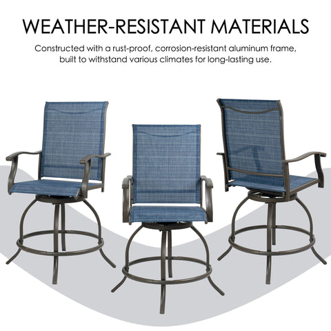 Kozyard outdoor swivel bar chair three-angle view with rust-resistant metal frame and mesh seat for patio seating