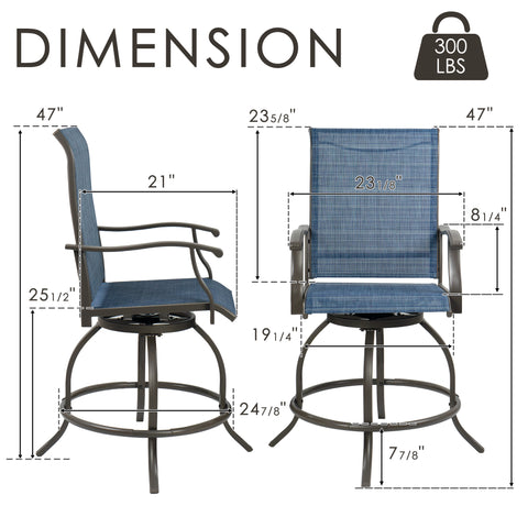 Kozyard outdoor swivel bar chair dimension chart with breathable textilene seat, steel frame, and ergonomic armrests for patio dining