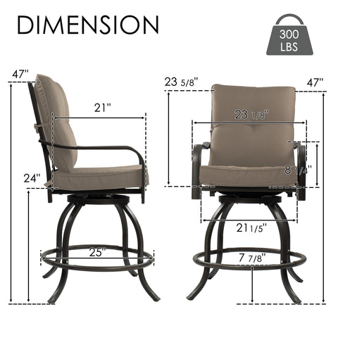 Kozyard outdoor bar height chair dimension guide illustrating total height, seat width, armrest height, footrest clearance, and a three hundred pounds weight capacity limit icon.