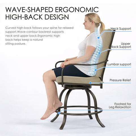 Kozyard outdoor swivel bar stool, wave-shaped ergonomic high-back design, supports neck, upper back and lumbar, pressure-relief cushion, metal frame with footrest for leg relaxation
