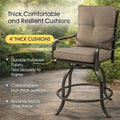 Kozyard ergonomic patio bar stool infographic demonstrating the wave-shaped high-back design providing full spine support, neck care, lumbar alignment, pressure relief, and footrest relaxation.