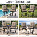 Kozyard modern outdoor swivel bar stools with armrests being enjoyed by a man and woman drinking wine and relaxing on a stylish apartment balcony overlooking urban residential buildings.