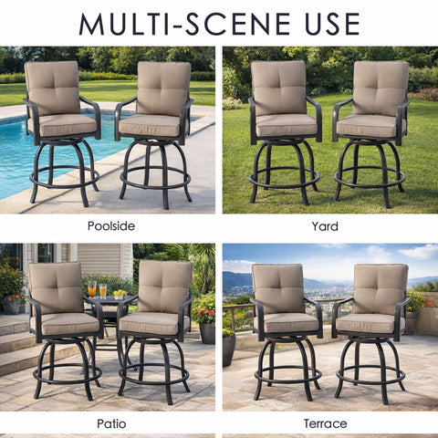 Kozyard modern outdoor swivel bar stools with armrests being enjoyed by a man and woman drinking wine and relaxing on a stylish apartment balcony overlooking urban residential buildings.