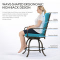 Kozyard ergonomic patio bar stool infographic demonstrating the wave-shaped high-back design providing full spine support, neck care, lumbar alignment, pressure relief, and footrest relaxation.